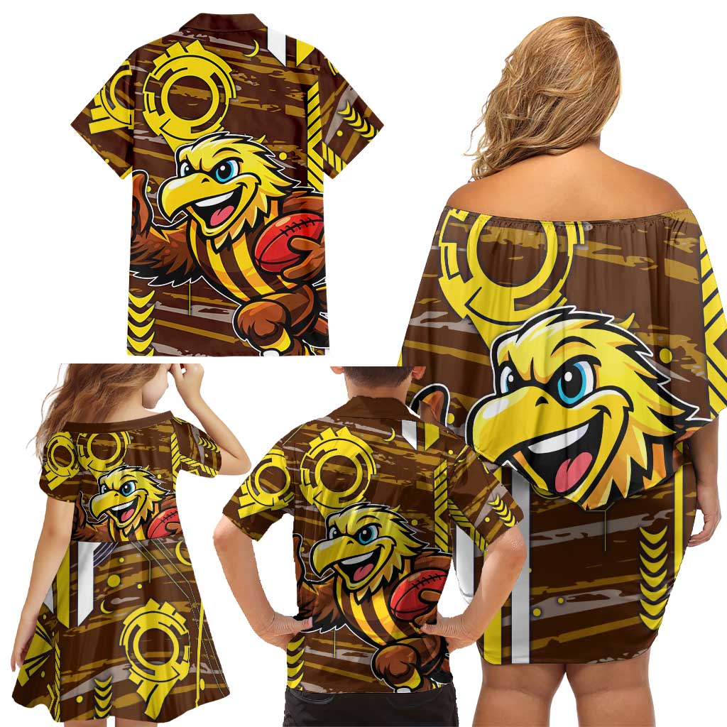 Hawthorn Hawks Family Matching Off Shoulder Short Dress and Hawaiian Shirt Mascot Cartoon Football Illustration Style