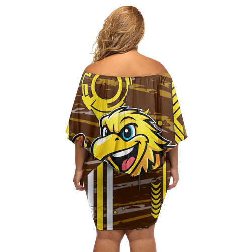 Hawthorn Hawks Family Matching Off Shoulder Short Dress and Hawaiian Shirt Mascot Cartoon Football Illustration Style