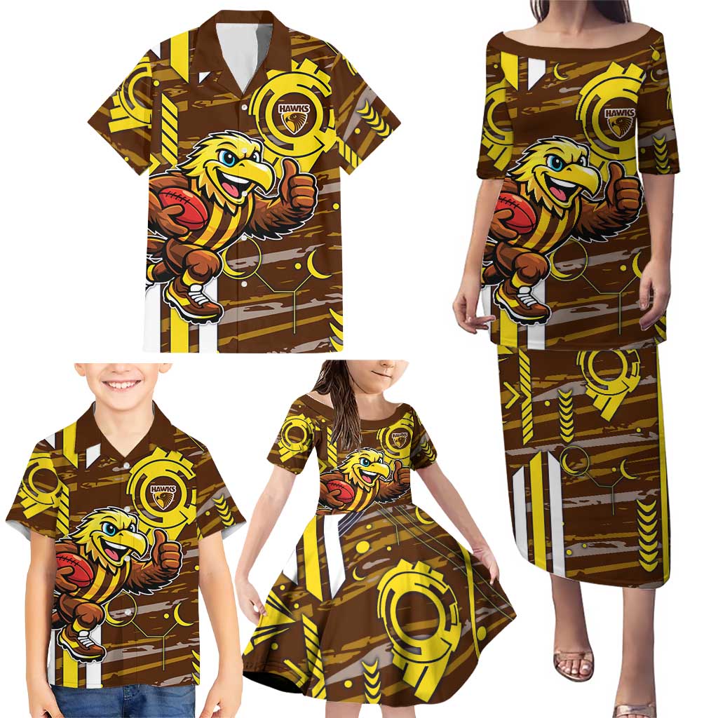 Hawthorn Hawks Family Matching Puletasi and Hawaiian Shirt Mascot Cartoon Football Illustration Style