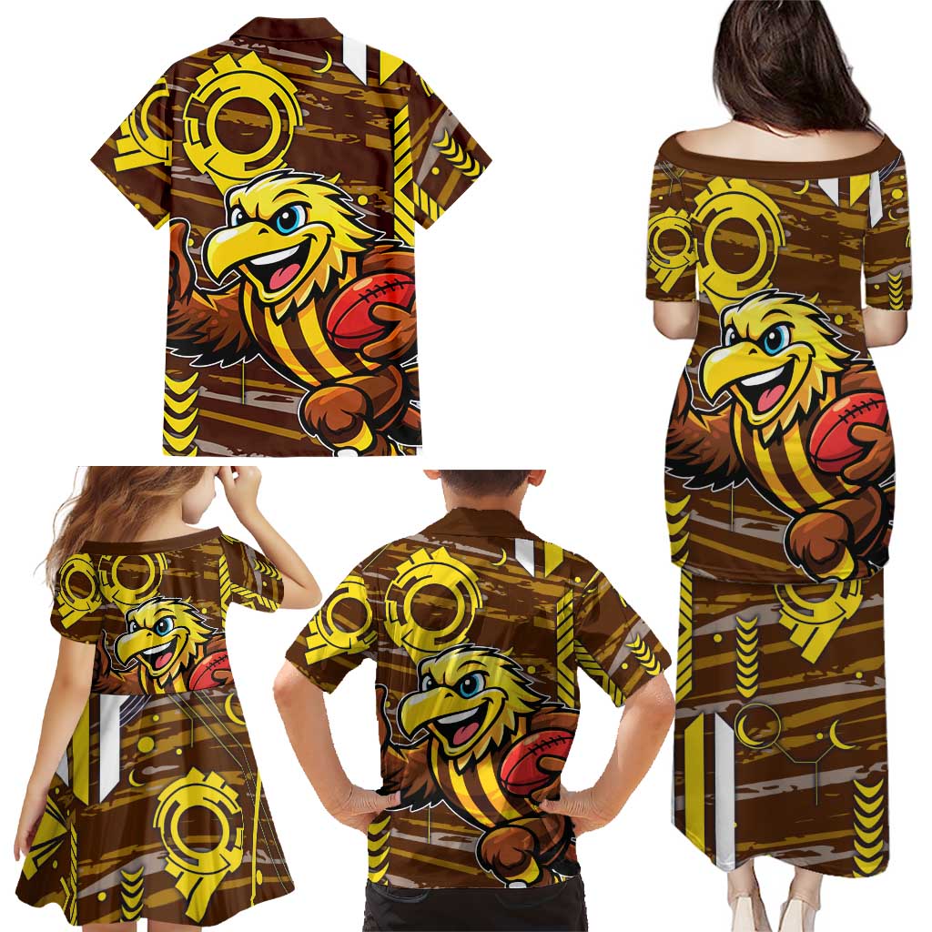 Hawthorn Hawks Family Matching Puletasi and Hawaiian Shirt Mascot Cartoon Football Illustration Style