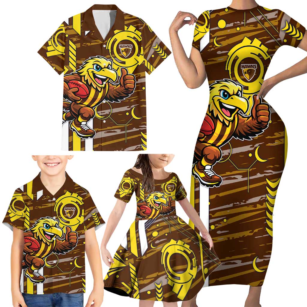 Hawthorn Hawks Family Matching Short Sleeve Bodycon Dress and Hawaiian Shirt Mascot Cartoon Football Illustration Style