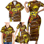 Hawthorn Hawks Family Matching Short Sleeve Bodycon Dress and Hawaiian Shirt Mascot Cartoon Football Illustration Style