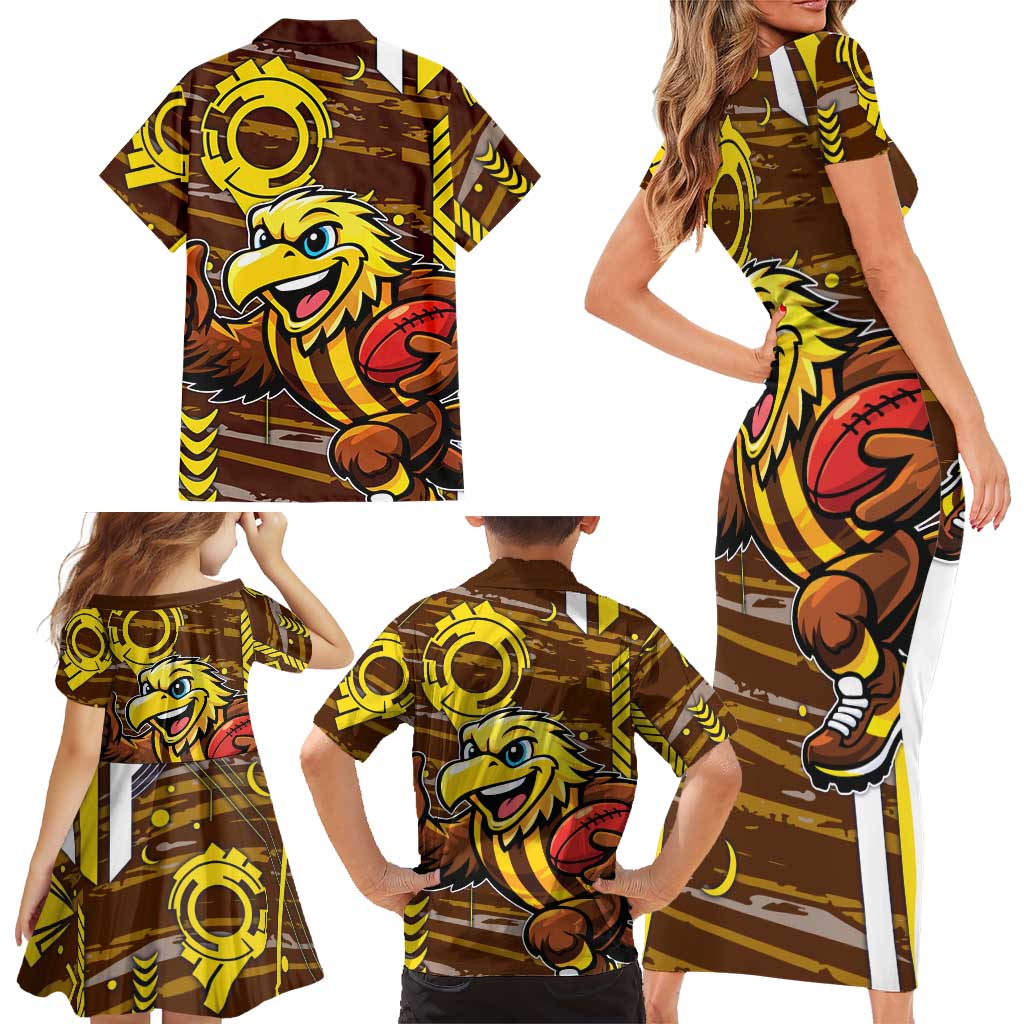 Hawthorn Hawks Family Matching Short Sleeve Bodycon Dress and Hawaiian Shirt Mascot Cartoon Football Illustration Style