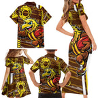 Hawthorn Hawks Family Matching Short Sleeve Bodycon Dress and Hawaiian Shirt Mascot Cartoon Football Illustration Style