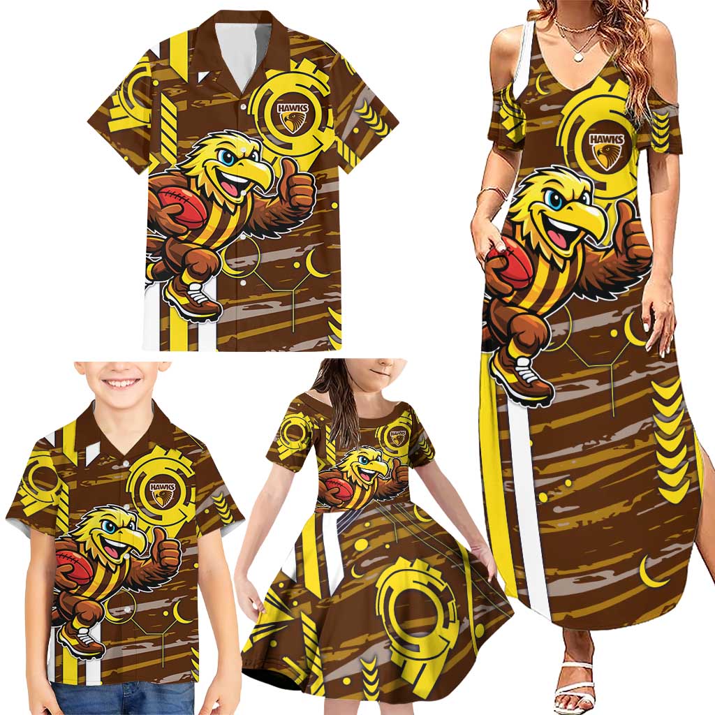 Hawthorn Hawks Family Matching Summer Maxi Dress and Hawaiian Shirt Mascot Cartoon Football Illustration Style