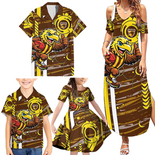 Hawthorn Hawks Family Matching Summer Maxi Dress and Hawaiian Shirt Mascot Cartoon Football Illustration Style