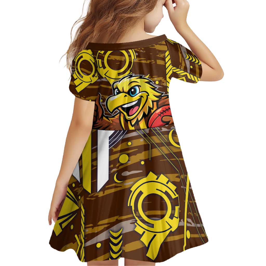 Hawthorn Hawks Family Matching Summer Maxi Dress and Hawaiian Shirt Mascot Cartoon Football Illustration Style