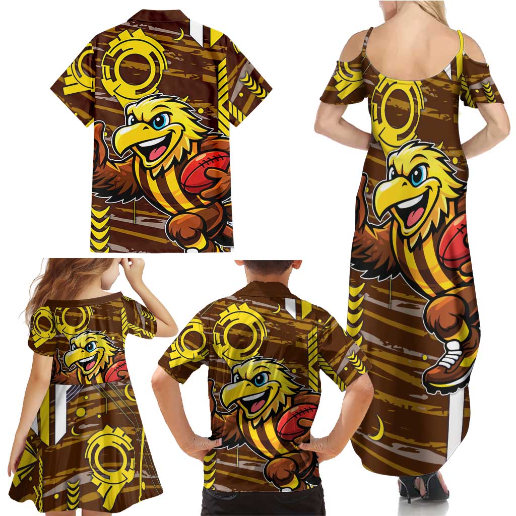 Hawthorn Hawks Family Matching Summer Maxi Dress and Hawaiian Shirt Mascot Cartoon Football Illustration Style