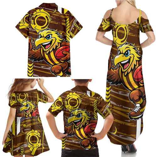 Hawthorn Hawks Family Matching Summer Maxi Dress and Hawaiian Shirt Mascot Cartoon Football Illustration Style