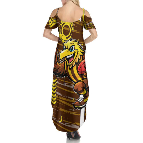 Hawthorn Hawks Family Matching Summer Maxi Dress and Hawaiian Shirt Mascot Cartoon Football Illustration Style