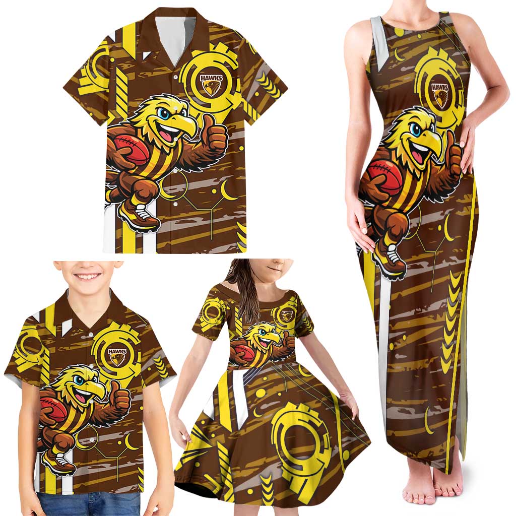 Hawthorn Hawks Family Matching Tank Maxi Dress and Hawaiian Shirt Mascot Cartoon Football Illustration Style