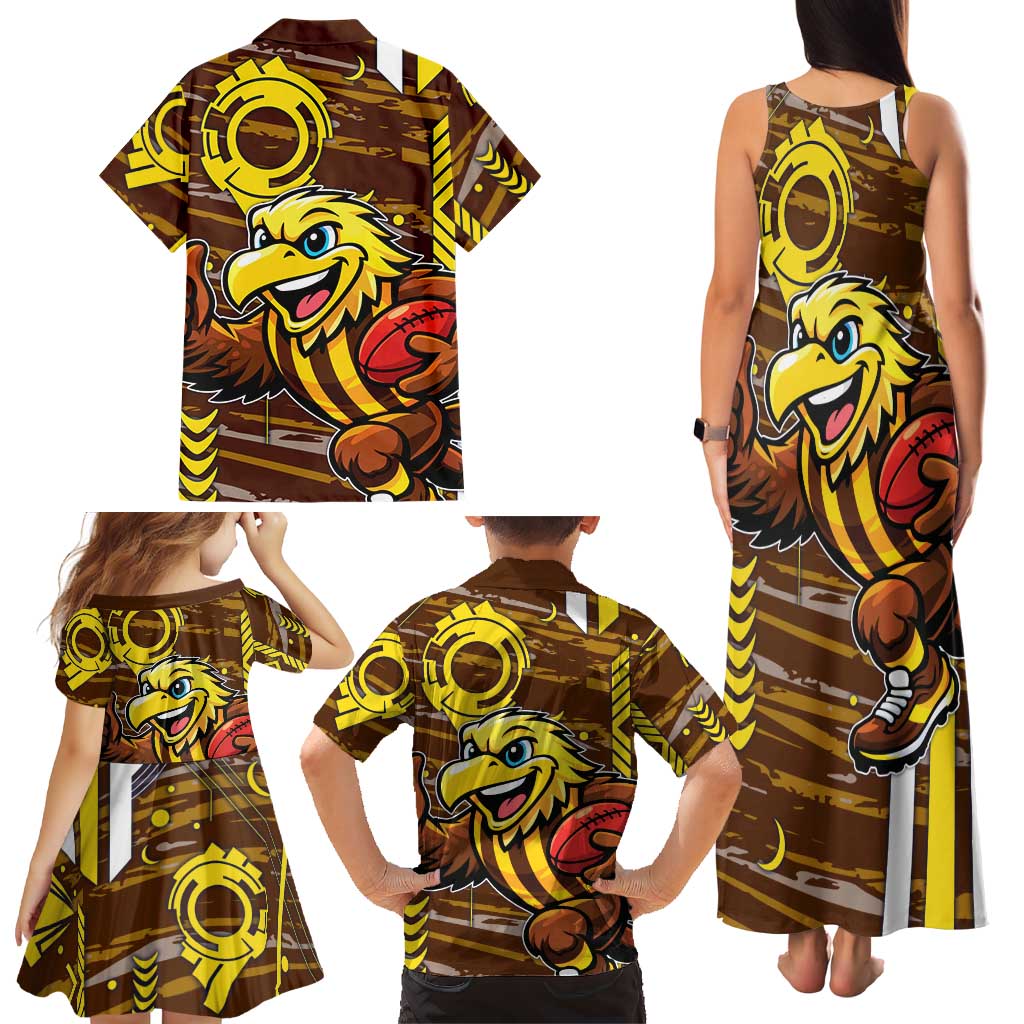 Hawthorn Hawks Family Matching Tank Maxi Dress and Hawaiian Shirt Mascot Cartoon Football Illustration Style
