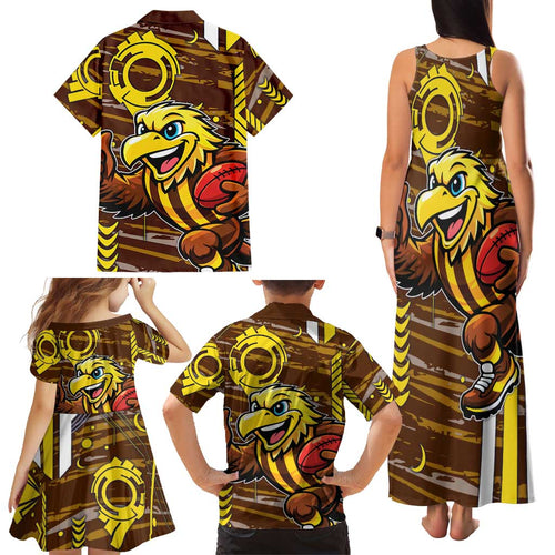 Hawthorn Hawks Family Matching Tank Maxi Dress and Hawaiian Shirt Mascot Cartoon Football Illustration Style