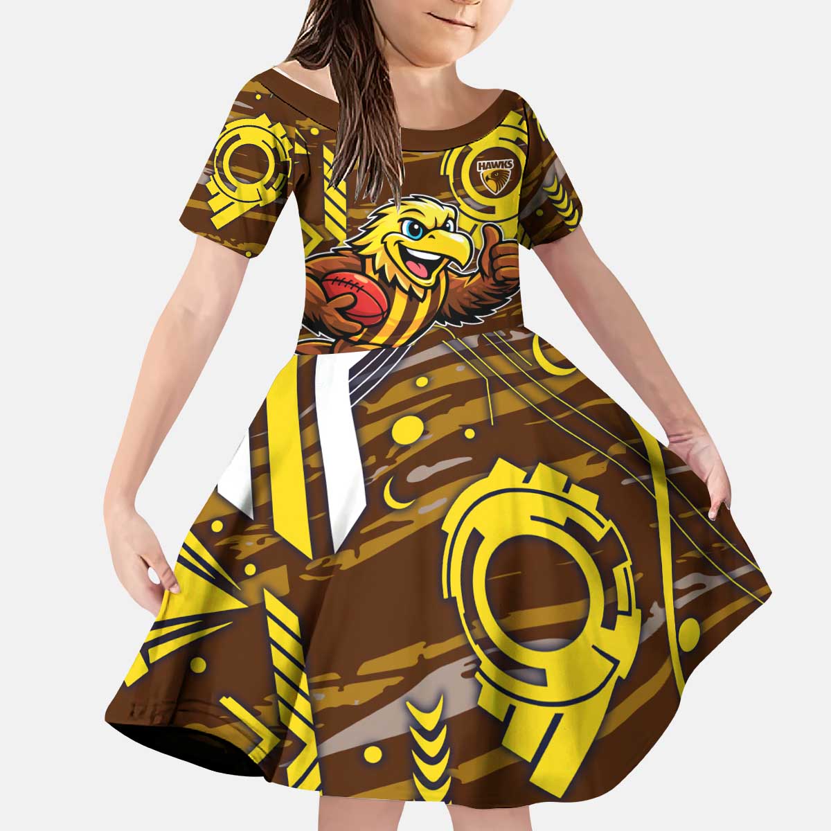 Hawthorn Hawks Kid Short Sleeve Dress Mascot Cartoon Football Illustration Style