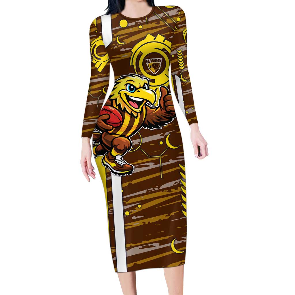Hawthorn Hawks Long Sleeve Bodycon Dress Mascot Cartoon Football Illustration Style