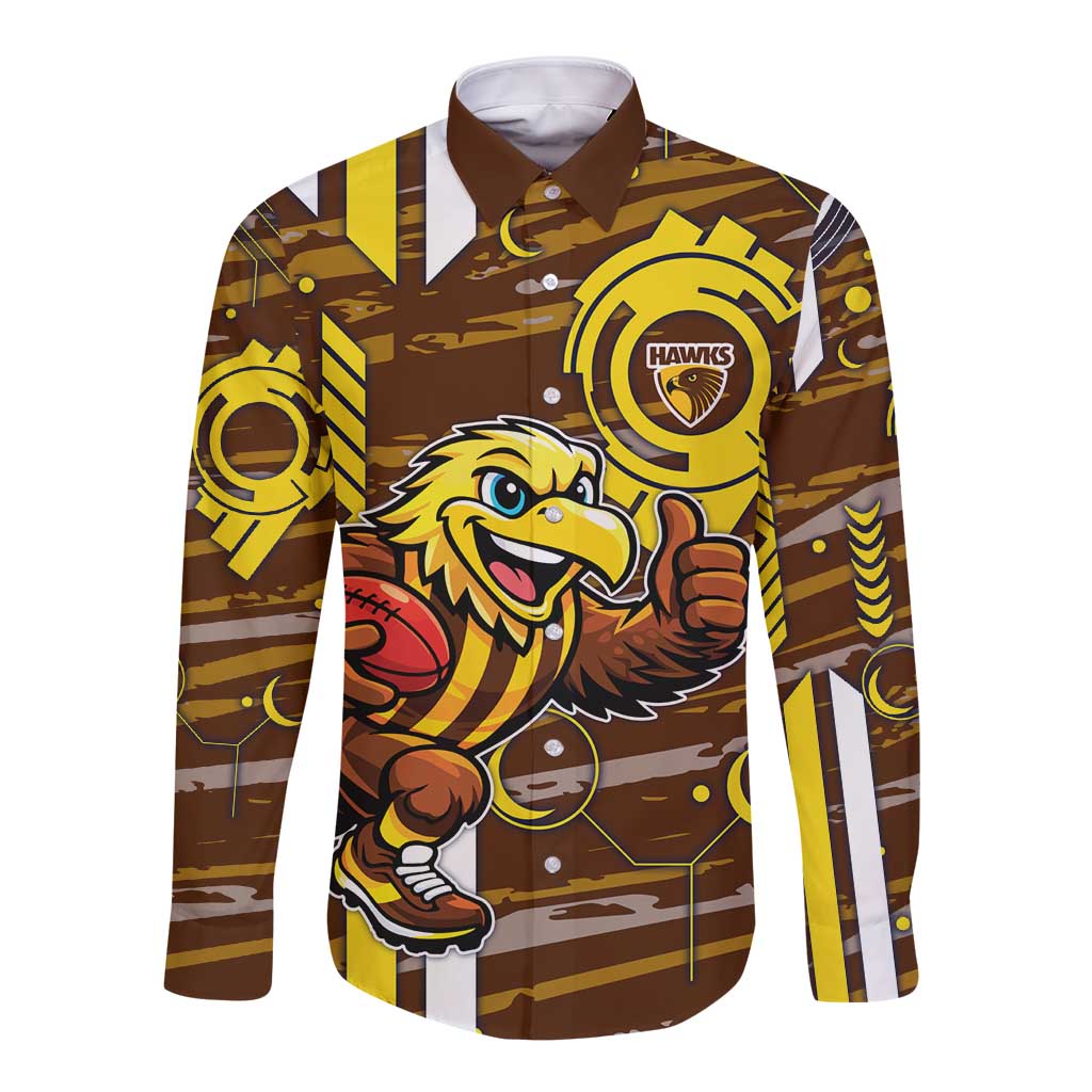 Hawthorn Hawks Long Sleeve Button Shirt Mascot Cartoon Football Illustration Style