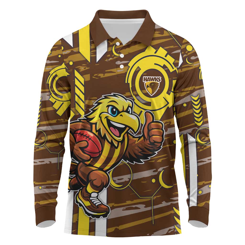 Hawthorn Hawks Long Sleeve Polo Shirt Mascot Cartoon Football Illustration Style