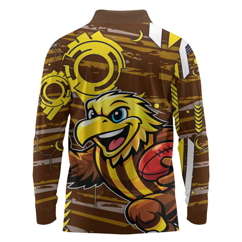 Hawthorn Hawks Long Sleeve Polo Shirt Mascot Cartoon Football Illustration Style