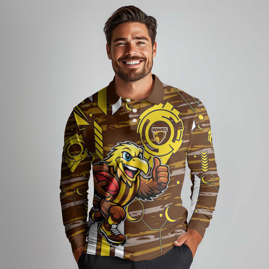Hawthorn Hawks Long Sleeve Polo Shirt Mascot Cartoon Football Illustration Style