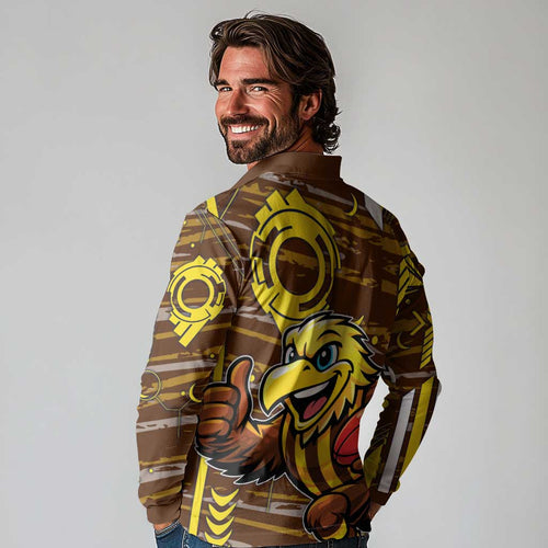 Hawthorn Hawks Long Sleeve Polo Shirt Mascot Cartoon Football Illustration Style