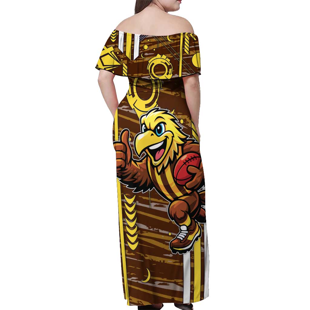 Hawthorn Hawks Off Shoulder Maxi Dress Mascot Cartoon Football Illustration Style