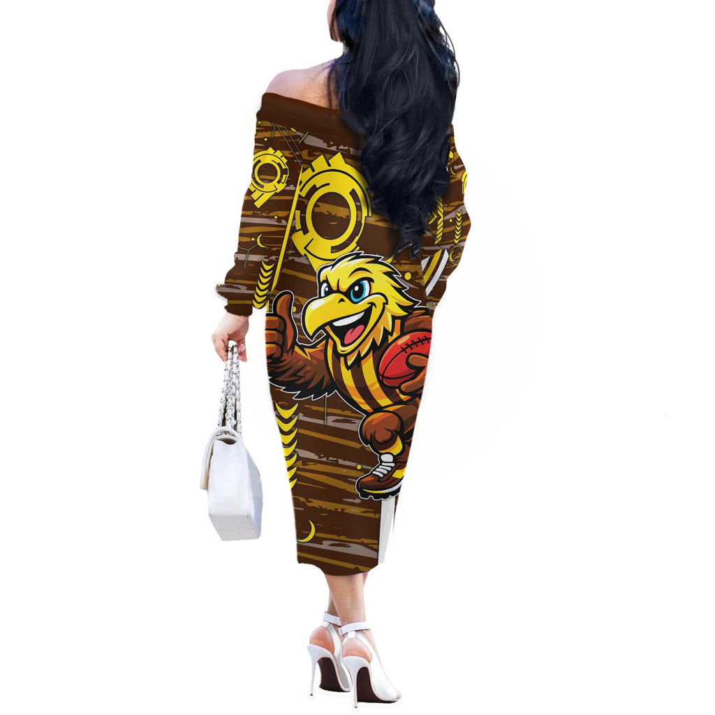 Hawthorn Hawks Off The Shoulder Long Sleeve Dress Mascot Cartoon Football Illustration Style