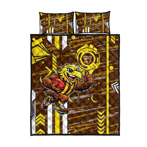 Hawthorn Hawks Quilt Bed Set Mascot Cartoon Football Illustration Style