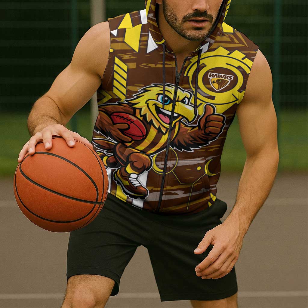 Hawthorn Hawks Sleeveless Zip Hoodie Mascot Cartoon Football Illustration Style