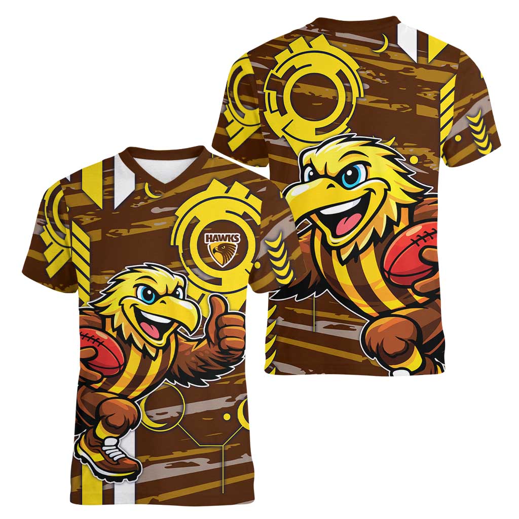 Hawthorn Hawks Women V-Neck T-Shirt Mascot Cartoon Football Illustration Style