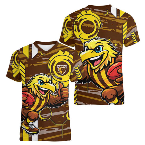Hawthorn Hawks Women V-Neck T-Shirt Mascot Cartoon Football Illustration Style