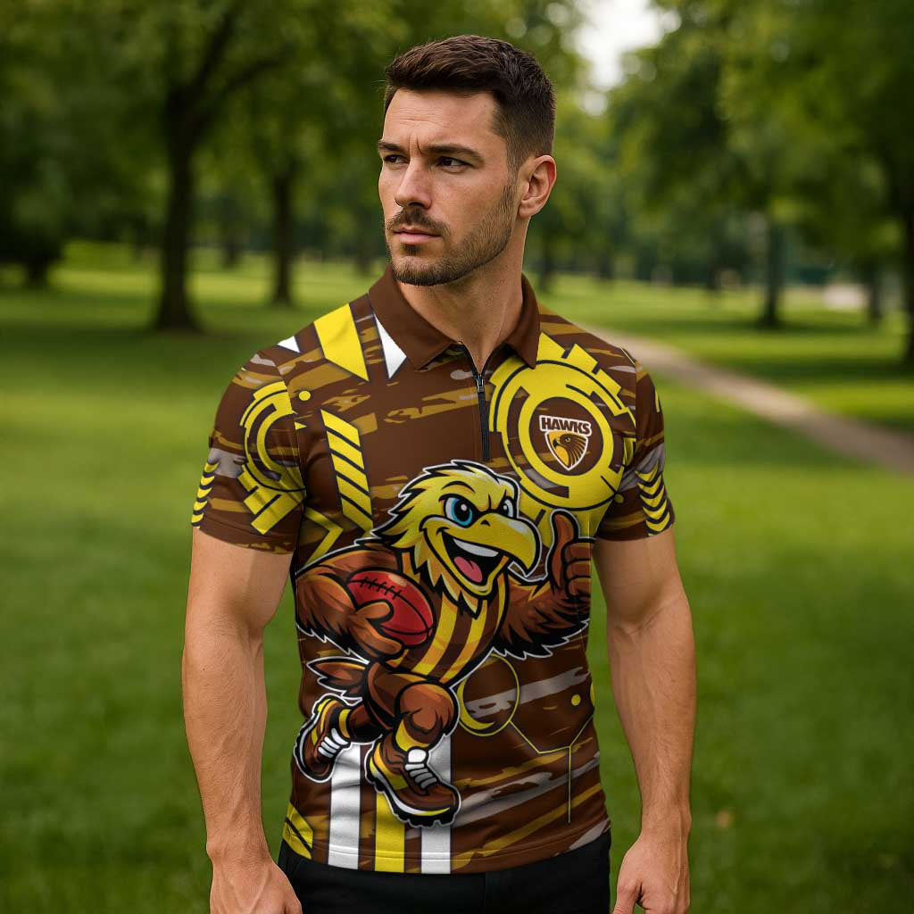 Hawthorn Hawks Zipper Polo Shirt Mascot Cartoon Football Illustration Style