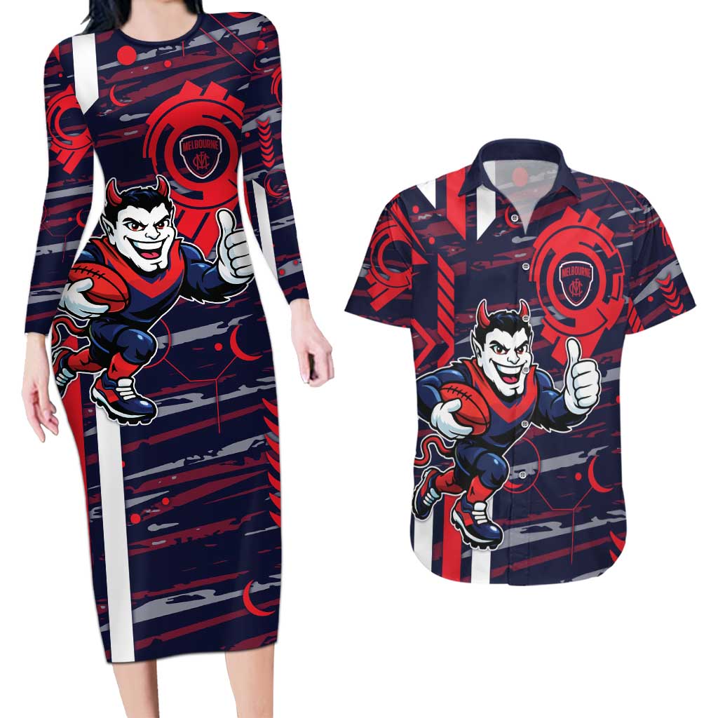 Melbourne Demons Couples Matching Long Sleeve Bodycon Dress and Hawaiian Shirt Mascot Cartoon Football Illustration Style
