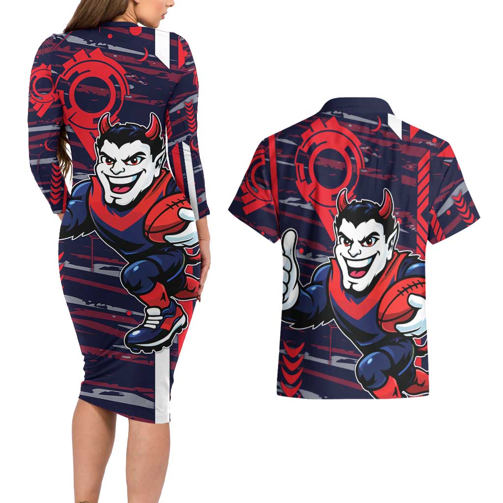Melbourne Demons Couples Matching Long Sleeve Bodycon Dress and Hawaiian Shirt Mascot Cartoon Football Illustration Style