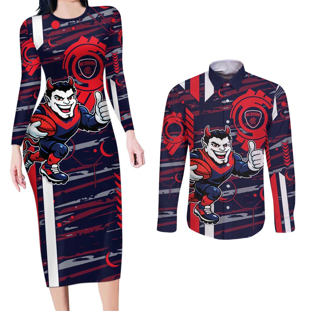 Melbourne Demons Couples Matching Long Sleeve Bodycon Dress and Long Sleeve Button Shirt Mascot Cartoon Football Illustration Style
