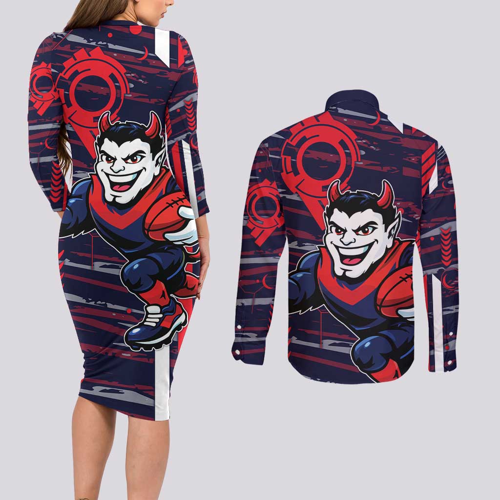 Melbourne Demons Couples Matching Long Sleeve Bodycon Dress and Long Sleeve Button Shirt Mascot Cartoon Football Illustration Style