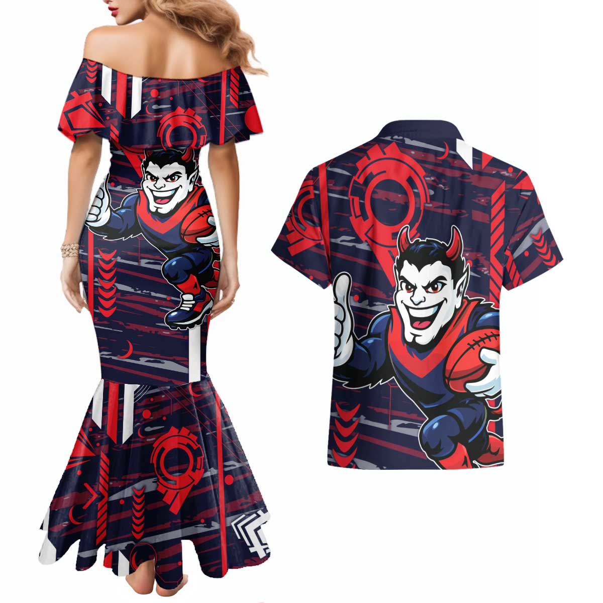 Melbourne Demons Couples Matching Mermaid Dress and Hawaiian Shirt Mascot Cartoon Football Illustration Style