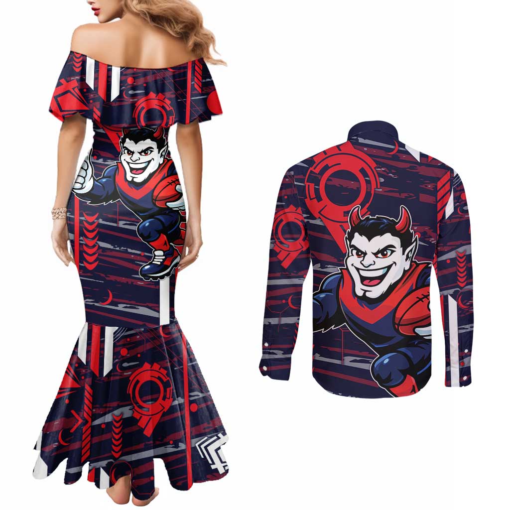 Melbourne Demons Couples Matching Mermaid Dress and Long Sleeve Button Shirt Mascot Cartoon Football Illustration Style