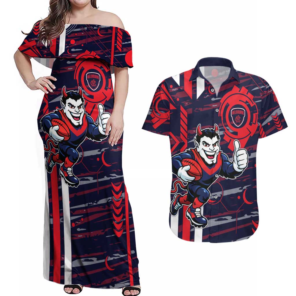 Melbourne Demons Couples Matching Off Shoulder Maxi Dress and Hawaiian Shirt Mascot Cartoon Football Illustration Style