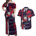 Melbourne Demons Couples Matching Off Shoulder Maxi Dress and Hawaiian Shirt Mascot Cartoon Football Illustration Style