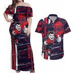 Melbourne Demons Couples Matching Off Shoulder Maxi Dress and Hawaiian Shirt Mascot Cartoon Football Illustration Style