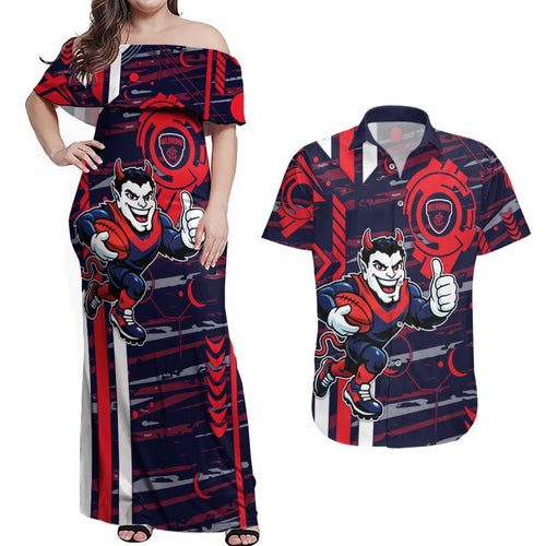 Melbourne Demons Couples Matching Off Shoulder Maxi Dress and Hawaiian Shirt Mascot Cartoon Football Illustration Style