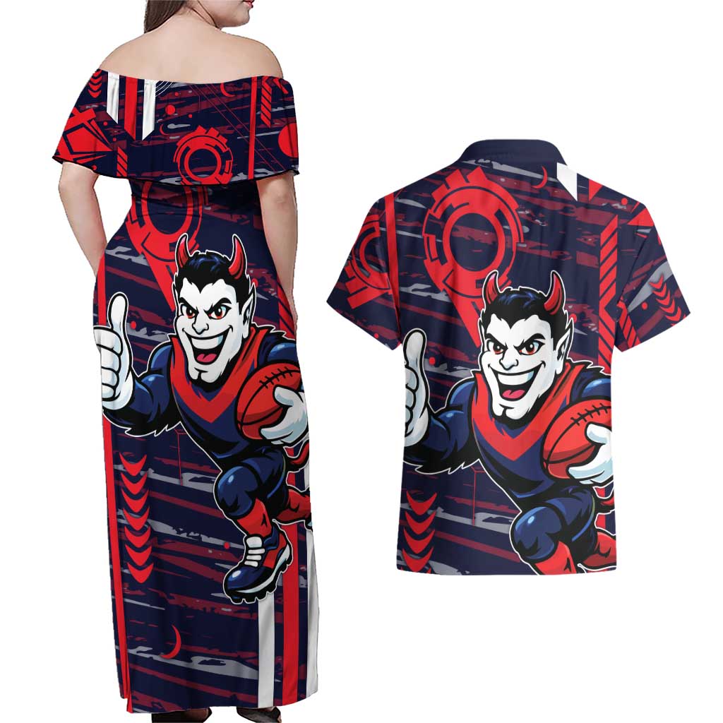 Melbourne Demons Couples Matching Off Shoulder Maxi Dress and Hawaiian Shirt Mascot Cartoon Football Illustration Style