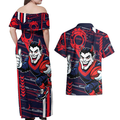 Melbourne Demons Couples Matching Off Shoulder Maxi Dress and Hawaiian Shirt Mascot Cartoon Football Illustration Style