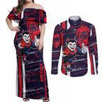 Melbourne Demons Couples Matching Off Shoulder Maxi Dress and Long Sleeve Button Shirt Mascot Cartoon Football Illustration Style