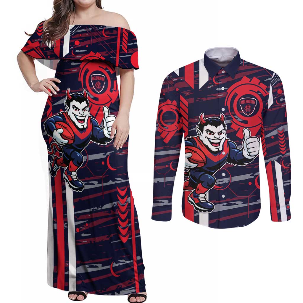 Melbourne Demons Couples Matching Off Shoulder Maxi Dress and Long Sleeve Button Shirt Mascot Cartoon Football Illustration Style