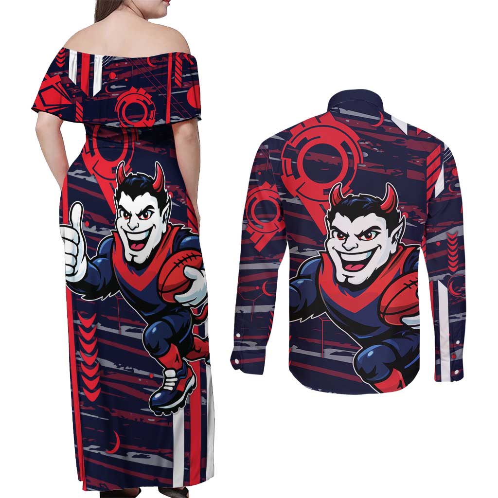 Melbourne Demons Couples Matching Off Shoulder Maxi Dress and Long Sleeve Button Shirt Mascot Cartoon Football Illustration Style