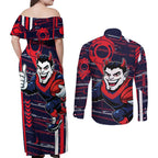 Melbourne Demons Couples Matching Off Shoulder Maxi Dress and Long Sleeve Button Shirt Mascot Cartoon Football Illustration Style