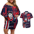 Melbourne Demons Couples Matching Off Shoulder Short Dress and Hawaiian Shirt Mascot Cartoon Football Illustration Style