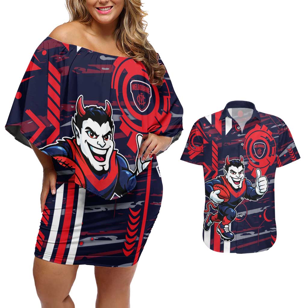 Melbourne Demons Couples Matching Off Shoulder Short Dress and Hawaiian Shirt Mascot Cartoon Football Illustration Style