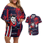Melbourne Demons Couples Matching Off Shoulder Short Dress and Hawaiian Shirt Mascot Cartoon Football Illustration Style